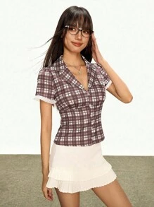 Rina Fox Women's Summer New Plaid Y2K Lapel Shirt