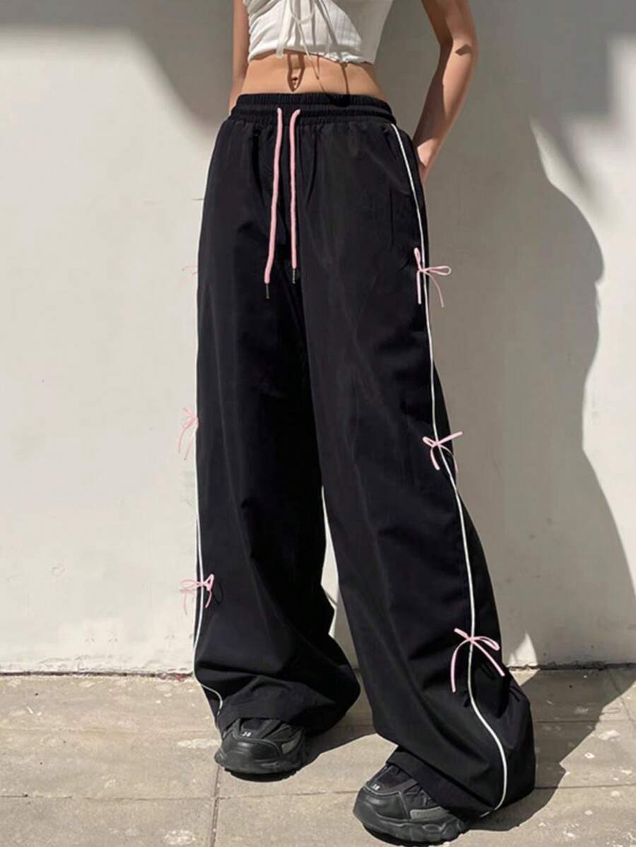 SHEIN Explorewe Tween Girl 休闲百搭百搭街头潮流复古美式运动白色饰边黑色抽绳腰部阔腿长裤 - 黑色 - 查看 1