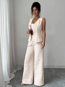 Selianne 女士优雅纹理两件套，粉色，夏季女士夏季裤套装裤套装夏季套装亚麻两件套两件套女士优雅粗花呢两件套 - 卡其色 - 查看 4