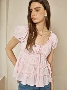 Cévolie Women's Solid Color Frill Trim Front Tie Short Puff Sleeve Fashionable Blouse - Baby Pink - View 1