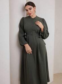 Modelyn Textured Solid Color Casual Plus Size Arabic Style Long Sleeve Dress Fall Cloth For Women - Army Green - View 7