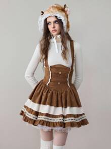 ROMWE Kawaii 1 pieza Sombrero de estilo Mori Girl con orejas de ciervo de peluche falso y encaje, sombrero con adorno de encaje, sombrero grueso y cálido para protección de orejas en invierno