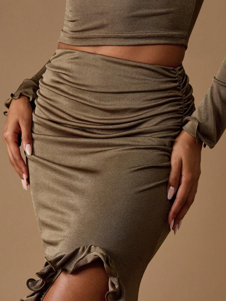 MISSGUIDED Elegant Side Ruffle Detail Maxi Skirt Ruched High Waist Split Long Bottom Evening Formal Party Occasion Wedding Winter Fall