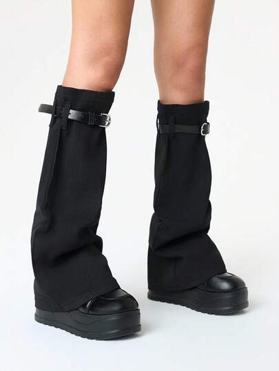 Grunge Punk 1 Pair Black Warm Leg Warmers + 1 Pair Black Leg Garters Combo Set For Women