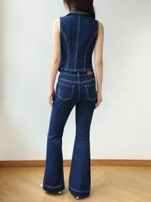 SHEIN Unity Bộ đồ denim giản dị cài nút kim loại mùa thu cho nữ, quần áo nữ mùa thu phong cách Hàn Quốc, quần áo nữ mùa thu, bộ đồ trở lại trường, trang phục giáo viên, phong cách tiền cũ - Rửa trung bình - Xem 2