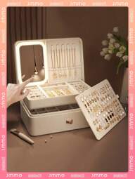 LED Compact Multi-Function 3-Color Adjustable Makeup Mirror & Jewelry Box Combo, Illuminates Your Beauty, Waterproof, Dustproof For Cosmetics, Earrings, Rings And Jewelry Storage Sun Travel Cool Back To School