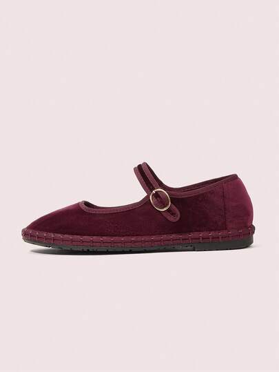 CUCCOO DOLLMOD Women's Burgundy Velvet Classic Comfortable Mary Jane Flat Shoes, Elegant & Fashionable For Christmas Spring Shoes Fall Shoes