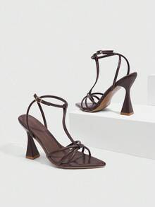 CUCCOO SZL Brown PU Strap Sexy Fashion Pointed Toe Chunky Heel Sandals - Brown - View 7