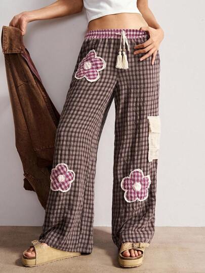 Bohemela Boho Bohemian Style Woven Plaid Patchwork Low Waist Loose Straight Leg Women Long Pants, Summer Holiday Boho Pants Flower Applique Pants Gingham Pants