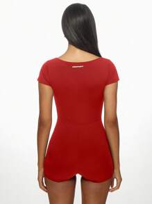 MISSGUIDED Bộ đồ liền thân ba lê cổ vuông tay ngắn cho nữ Bộ đồ biểu diễn khiêu vũ mùa hè Bộ đồ liền thân co giãn ôm sát - Đỏ - Xem 2