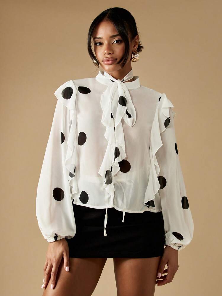 MISSGUIDED Elegant Polka Dot Ruffle Blouse With Tie Neck Long Sleeve Statement Top Victorian Style High Neck Holiday Party Special Occasion Fall Winter Office Wear Fashion