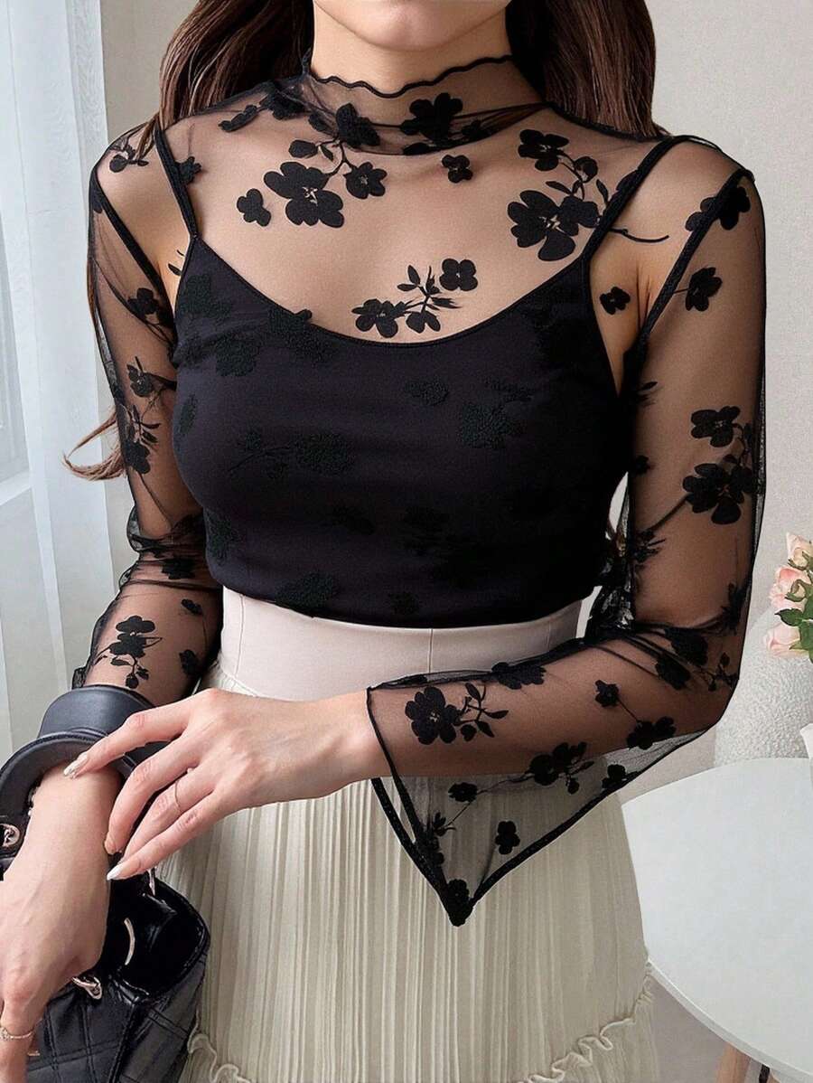 FRIFUL Women'S Floral Mesh Lettuce Trim Top Sheer Long Sleeve Women Tops - Black - View 1