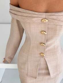 Siren Gaze Váy ôm sát mini và áo khoác blazer trễ vai màu trơn dành cho nữ, áo khoác blazer trễ vai tay dài và váy, bộ đồ công sở đi làm - Màu be - Xem 8