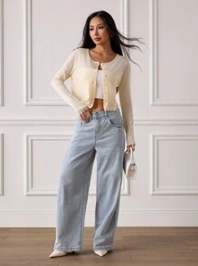 SHEIN PETITE 休閒百搭純色短版開襟衫，秋冬款，適合嬌小女性 - 黃色 - 查看 5