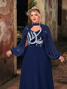 Glamrae 加大码夏季优雅浪漫甜心领可拆卸袖手工串珠奢华亮片拼接雪纺超长 A 字晚礼服 - 藏蓝色 - 查看 1