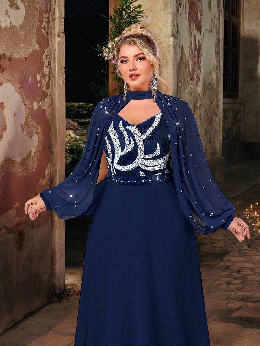 Glamrae 加大码夏季优雅浪漫甜心领可拆卸袖手工串珠奢华亮片拼接雪纺超长 A 字晚礼服 - 藏蓝色 - 查看 1