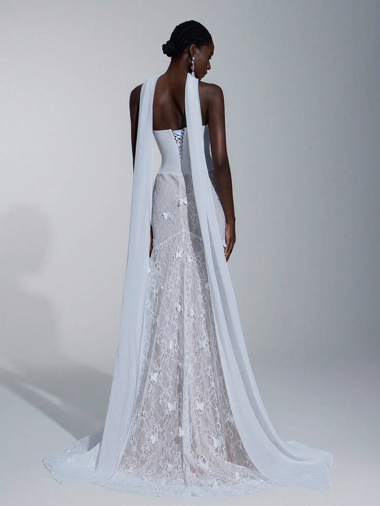 SHEIN Belle Elegant Luxurious Lace Splice Elastic Knit Mermaid Skirt With Trailing Halter Neck, Suitable For Weddings, Parties, Vacations, Balls, Honeymoons, Bridal Gowns - Beige - View 3