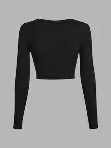 SHEIN EZwear Bộ 3 áo thun tay dài bó sát cổ chữ U màu đen, thích hợp cho mùa thu/đông - Nhiều màu - Xem 6