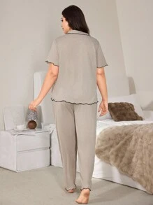 SHEIN Plus Size Casual Loose Flounced Short Sleeve Top And Pants Set, Soft Draping Lightweight Khaki Knit Fabric, Summer