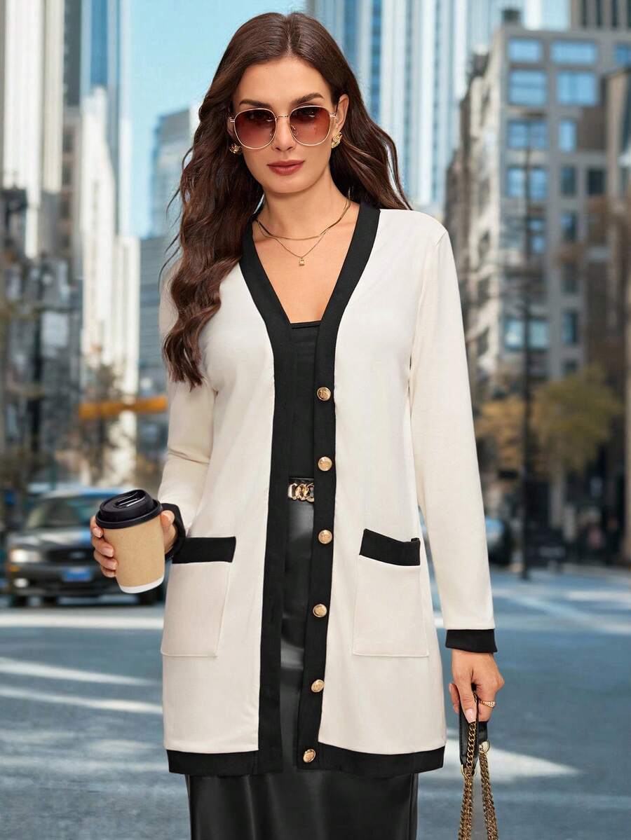 SHEIN Clasi 女士优雅舒适的黑白前扣长款开衫