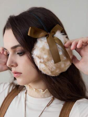 Fairycore 1pc Cute Deer Ear Warmers, Y2K Style Brown Bow Thick Ear Muffs, Foldable Cold Weather Ear Covers
