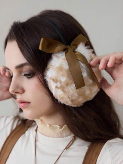 Fairycore 1pc Cute Deer Ear Warmers, Y2K Style Brown Bow Thick Ear Muffs, Foldable Cold Weather Ear Covers