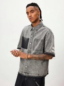 ROMWE MEN Prep Camisa vaquera de manga corta con botones para hombre - Gris Claro - Ver 9