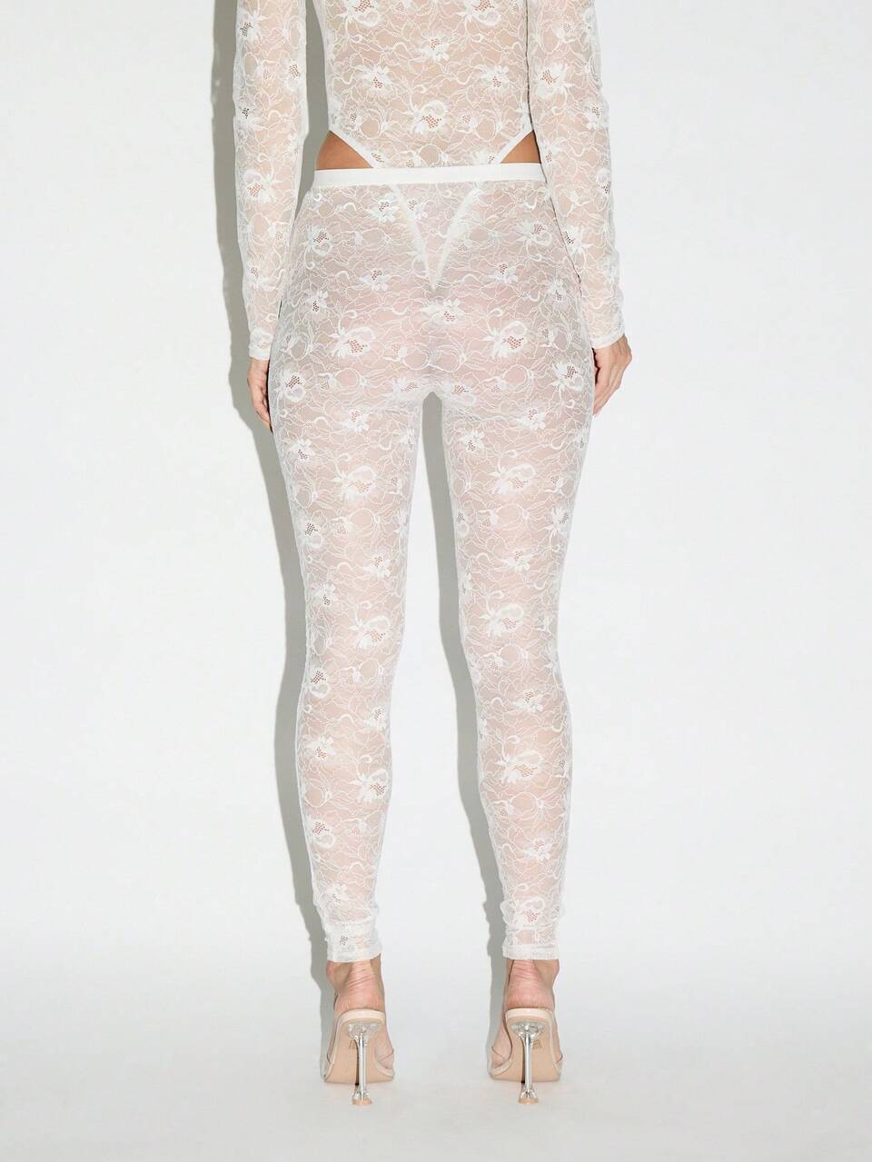 KIZN White Floral Lace Pattern Leggings With Elastic Waistband
