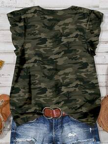 SHEIN LUNE 休闲简约橄榄绿迷彩全印花女式衬衫，适合夏季至初秋