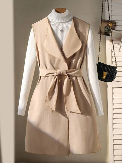 青少年女孩休闲纯色无袖夹克（配腰带）