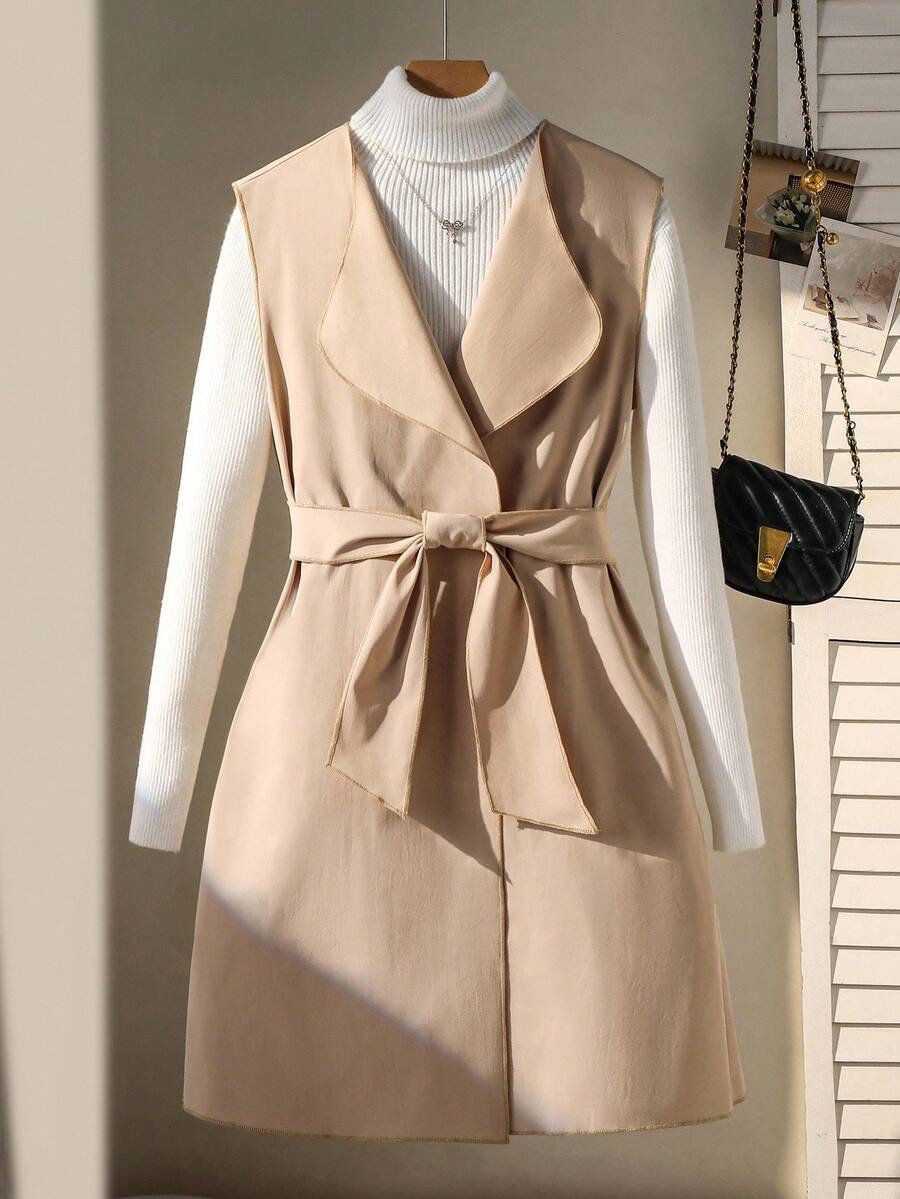 Chaqueta sin mangas de unicolor informal con cinturón para adolescentes