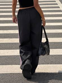 Muchica Y2k Bottoms Woven Black Pants With Pink Bow Print Wide Leg Trousers,Fall