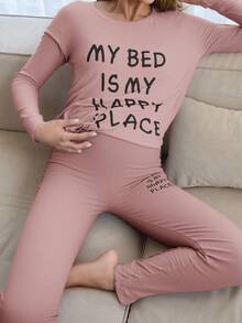 Cotton 2Pcs  Slogan Printed Long Sleeve Shirt And Long Bottom Lounge Set