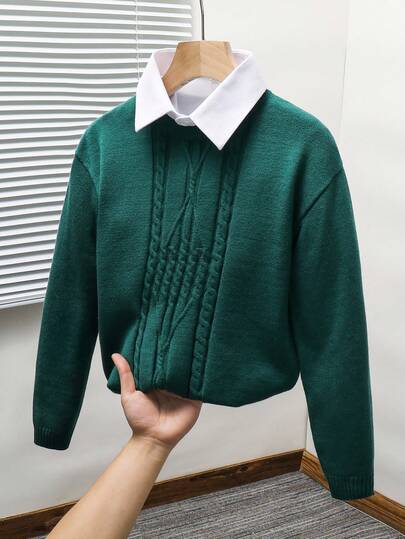 SHEIN Tween Boy Round Neck Fitted Oversized Sweater,Winter Set,Winter Clothing,Fall Outfits,Fall Clothing,All Clothes For Kids,Christmas Green,Fall Tops,Fall Sweaters,