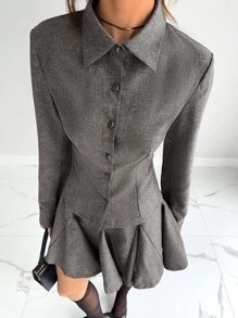 Siren Gaze Bộ 2 món áo thun tay dài màu trơn, cài nút thời trang và chân váy midi nhún bèo nhún cho nữ - Xám - Xem 1