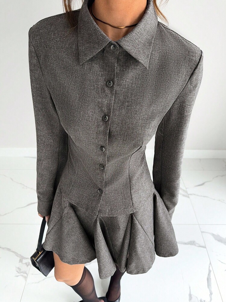 Siren Gaze 女式纯色长袖单排扣时尚上衣和荷叶边下摆中长裙两件套 - 灰色 - 查看 1