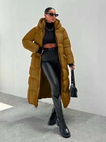 EURMUSE Hooded Buckle Belt Quilted Long Puffer Women's Down Coat With Gloves - Camel - View 4