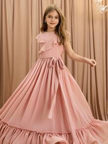 优雅的荷叶边下摆装饰粉色连衣裙，青少年女孩派对装 - 珊瑚粉 - 查看 7