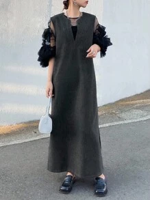 FRIFUL 女士纯色深灰色V领无袖羊毛面料宽松直筒休闲百搭侧开衩连衣裙，适合秋夏季节穿着 - 灰色 - 查看 2