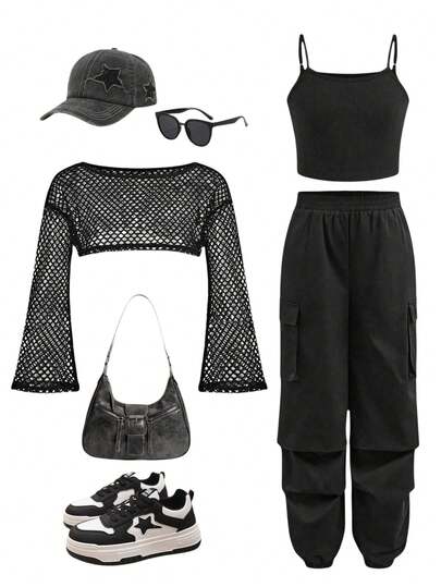 SHEIN Girlism 青少年女孩 3 件套：圆领网眼长袖上衣、纯色背心、阔腿工装裤 - 休闲时尚装扮，适合日常穿着、外出和返校，甜美酷炫风格黑色服装黑色衣服全套服装黑色两件套服装渔网上衣服装