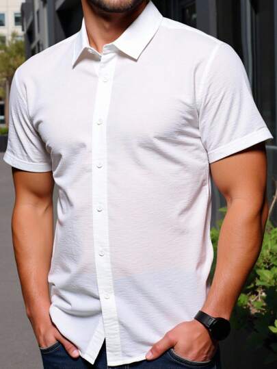 Manfinity Mode Plus Size Men's Casual Solid Color Short Sleeve Shirt, Summer