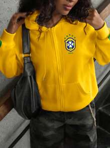 Rovax Women's Star Print Long Sleeve Zip Front Hooded Sweatshirt With Pockets Fall Cloth For Women - Mustard Yellow - View 4