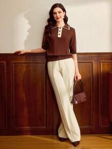 Vintamour Damen Kontrast-Kragen Kurzarm Lässig Pullover - Kaffeebraun - Übersicht 4