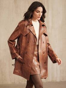 Anewsta Abrigo minimalista y elegante de mujer de doble botonadura, marrón y brillante, de longitud media. Chaqueta cortavientos para mujer, otoño/invierno - Café integral - Ver 8