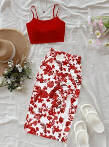 Soleia 2pcs/Set Casual Floral Print Crop Camisole And Skirt, Suitable For Summer Vacation Outfits Woman 2 Pieces Red Two Set - Red - View 1