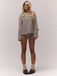 MUSERA Áo thun dài tay kẻ sọc dáng rộng cài cúc, thích hợp cho mùa thu, phong cách cổ điển, dễ thương, ấm cúng, đồng quê, phong cách cottagecore, thường ngày, màu caramel, thanh lịch, mùa xuân hè, ngày lễ. - Nhiều màu - Xem 5