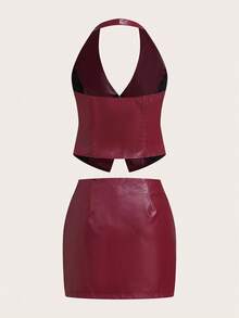 Siren Gaze 秋季必备！女士勃艮第酒红色PU套装 - 前扣式露背上衣和迷你裙，街头风格与职场魅力的完美结合 | 非常适合返校季、职场装、演唱会装、早午餐和夜间外出 | 2025新品，性感休闲，秋季约会、度假和日常必备单品 - 酒紅色 - 查看 8