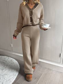 SHEIN 青少年女孩 2 件套纯色拼布前扣长袖休闲毛衣和裤子套装，简约时尚休闲日常穿着，返校装，适合秋冬季