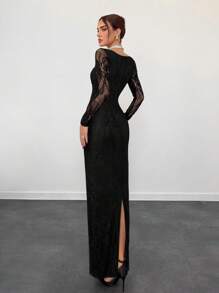Aloruh 女士新款性感S形蕾丝长袖紧身胸衣美人鱼连衣裙，适合派对、约会、晚会 - 黑色 - 查看 2