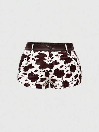 Plus Size Women's Retro Hippie Cow Print Patchwork PU Shorts
